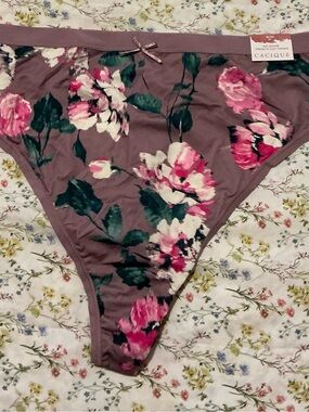 Cacique Mauve Floral High-Cut Thong with Pink Blooms